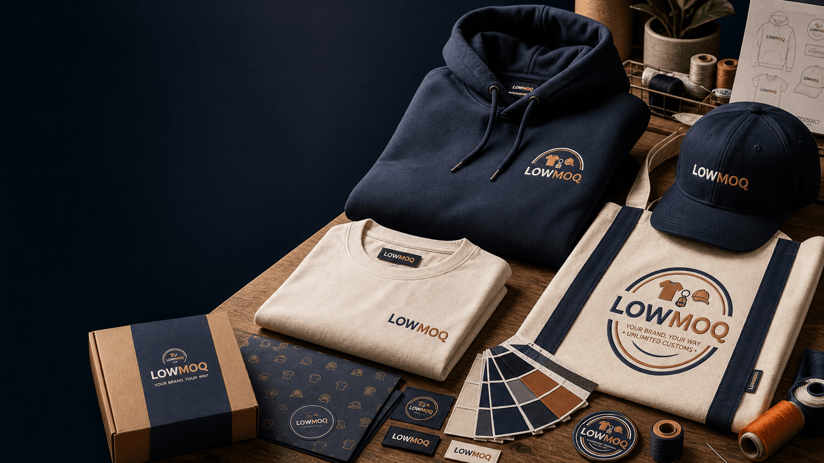 Stack of LowMOQ custom-branded apparel — folded hoodies, tees, and caps with branded neck labels and retail-ready packaging.